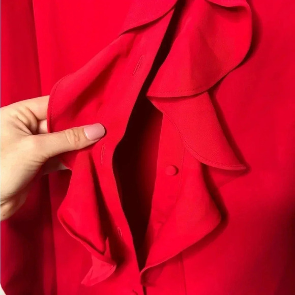 Chicos Ruffle Front Button Up Red Long Sleeve Blouse - Picture 4 of 13